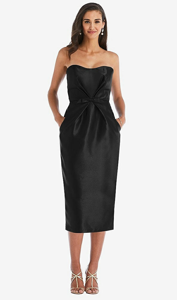Front View - Black Strapless Bow-Waist Pleated Satin Pencil Dress with Pockets