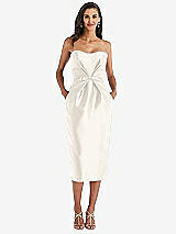 Front View Thumbnail - Ivory Strapless Bow-Waist Pleated Satin Pencil Dress with Pockets