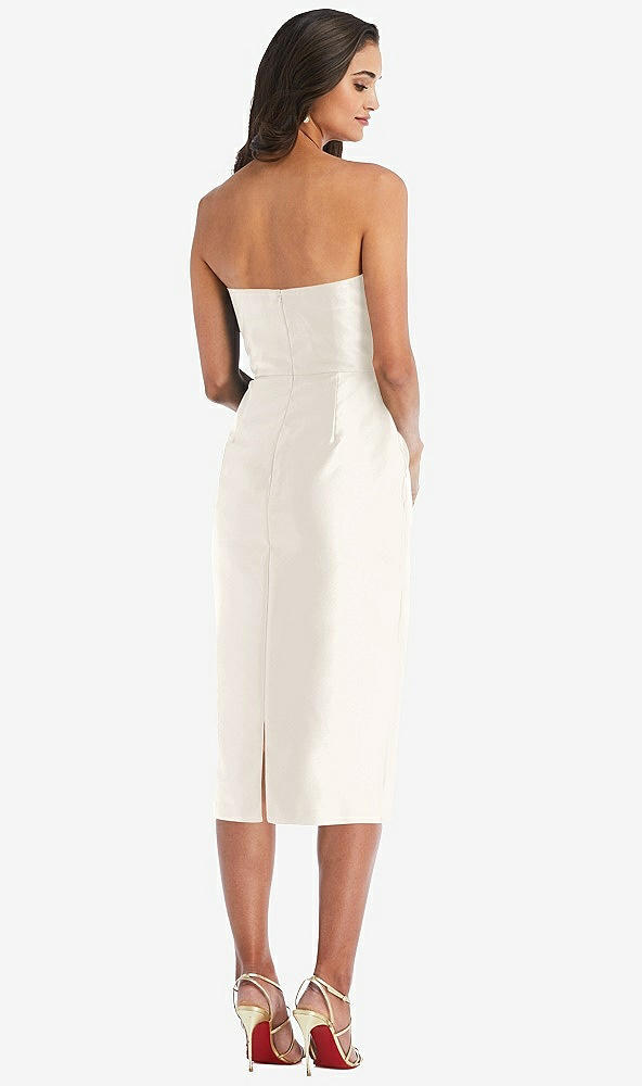 Back View - Ivory Strapless Bow-Waist Pleated Satin Pencil Dress with Pockets