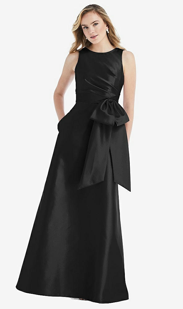 Front View - Black & Black High-Neck Bow-Waist Maxi Dress with Pockets