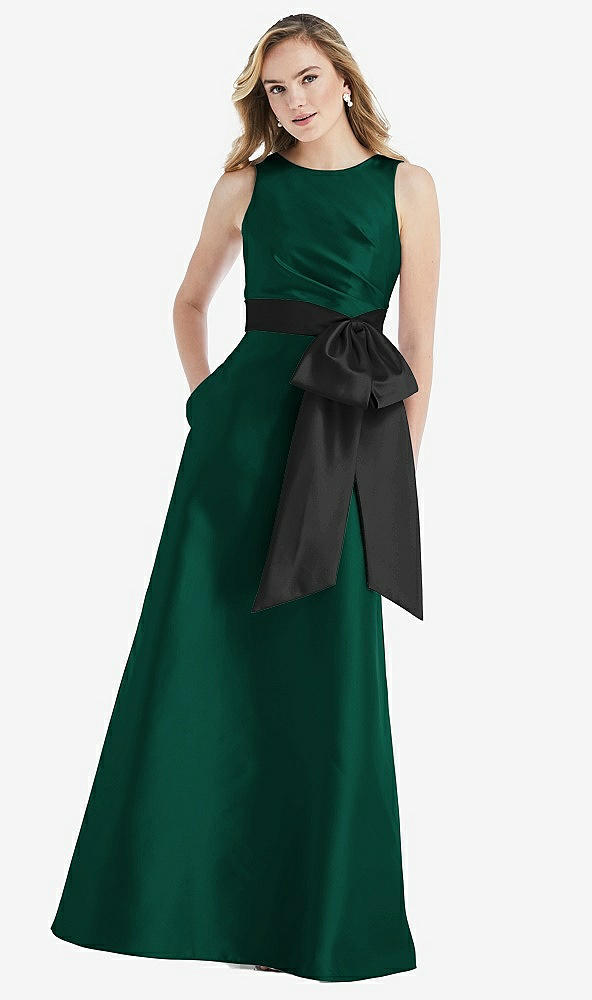 Front View - Hunter Green & Black High-Neck Bow-Waist Maxi Dress with Pockets