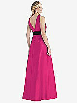 Rear View Thumbnail - Think Pink & Black High-Neck Bow-Waist Maxi Dress with Pockets