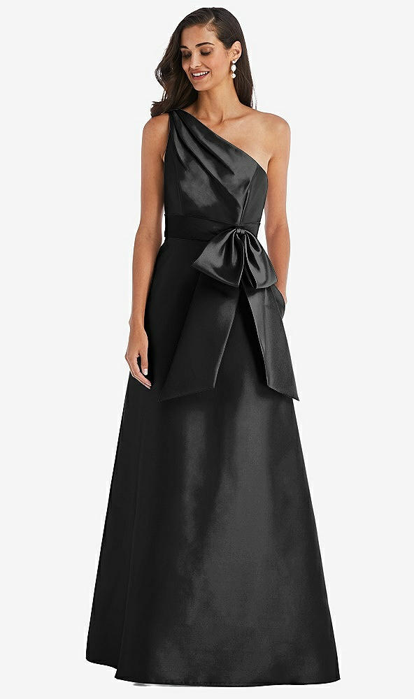 Front View - Black & Black One-Shoulder Bow-Waist Maxi Dress with Pockets