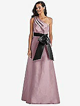 Front View Thumbnail - Dusty Rose & Black One-Shoulder Bow-Waist Maxi Dress with Pockets
