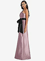 Side View Thumbnail - Dusty Rose & Black One-Shoulder Bow-Waist Maxi Dress with Pockets
