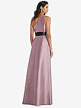 Rear View Thumbnail - Dusty Rose & Black One-Shoulder Bow-Waist Maxi Dress with Pockets