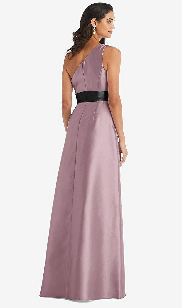 Back View - Dusty Rose & Black One-Shoulder Bow-Waist Maxi Dress with Pockets