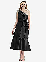 Front View Thumbnail - Black & Black One-Shoulder Bow-Waist Midi Dress with Pockets