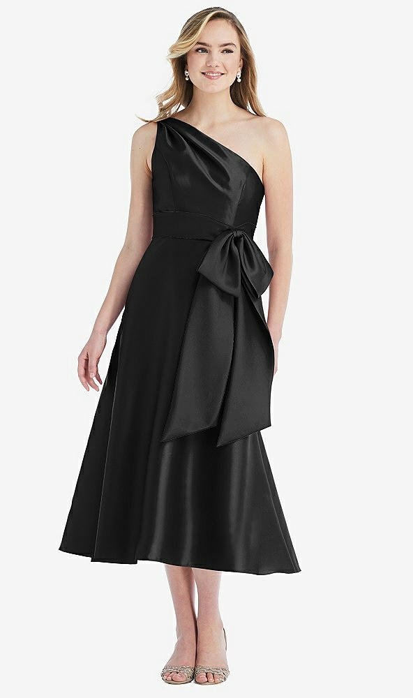 Front View - Black & Black One-Shoulder Bow-Waist Midi Dress with Pockets