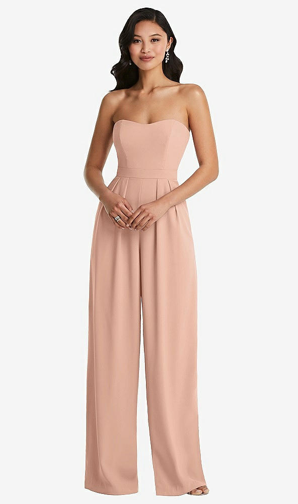 Front View - Pale Peach Strapless Pleated Front Jumpsuit with Pockets
