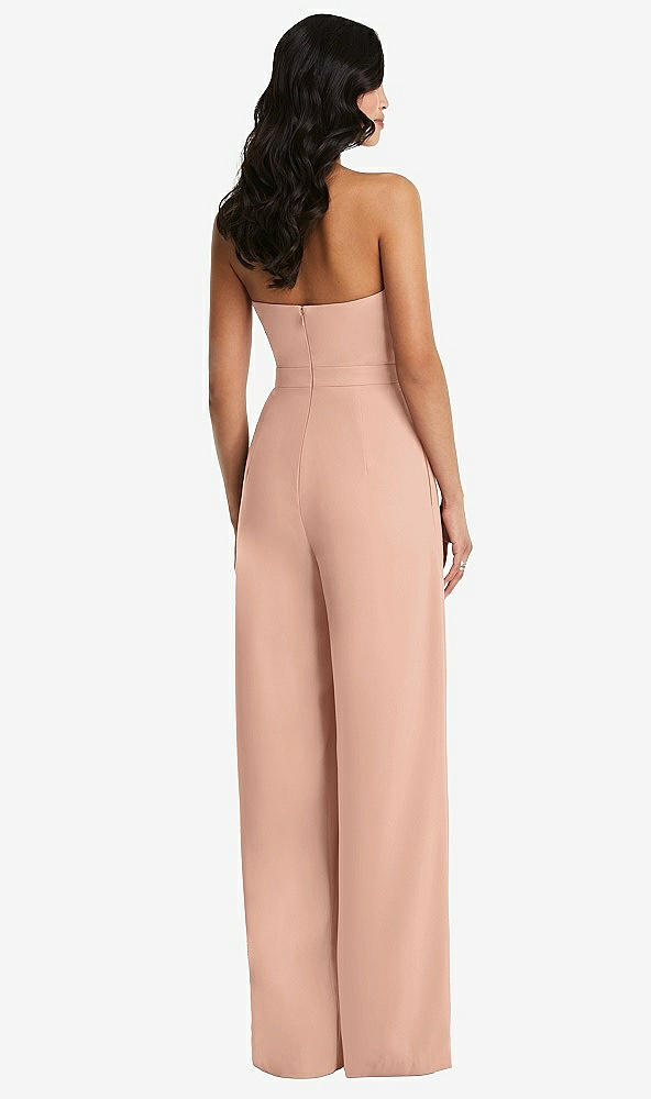 Back View - Pale Peach Strapless Pleated Front Jumpsuit with Pockets