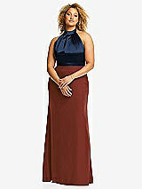 Front View Thumbnail - Auburn Moon & Midnight Navy High-Neck Open-Back Maxi Dress with Scarf Tie