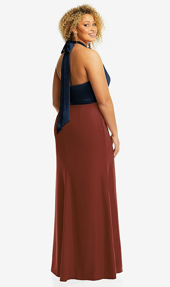 Back View - Auburn Moon & Midnight Navy High-Neck Open-Back Maxi Dress with Scarf Tie