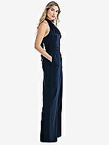 Front View Thumbnail - Midnight Navy & Midnight Navy High-Neck Open-Back Jumpsuit with Scarf Tie