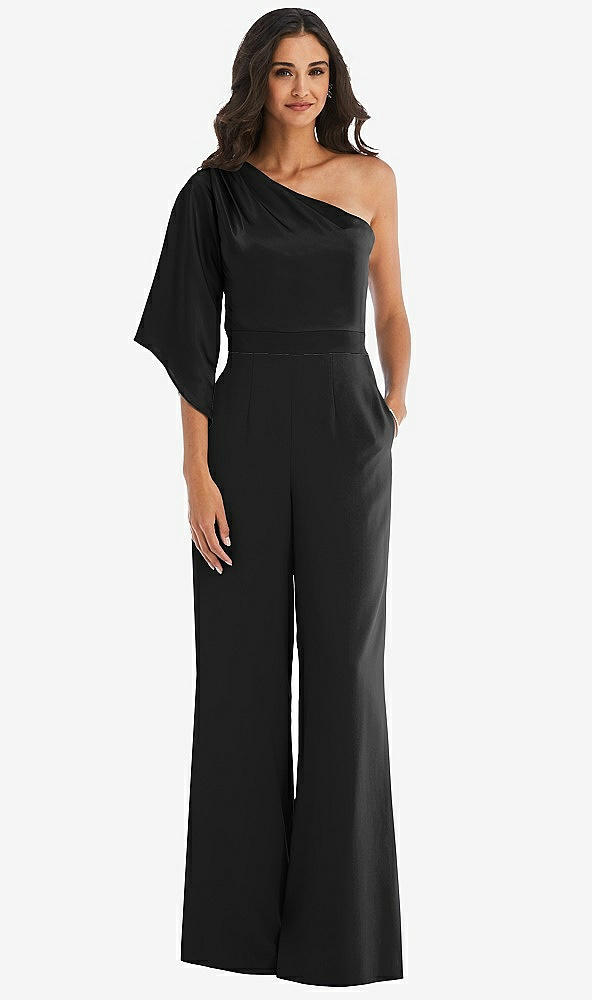Front View - Black & Black One-Shoulder Bell Sleeve Jumpsuit with Pockets