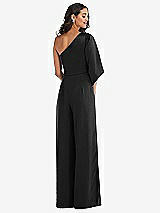 Rear View Thumbnail - Black & Black One-Shoulder Bell Sleeve Jumpsuit with Pockets