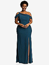 Front View Thumbnail - Atlantic Blue One-Shoulder Draped Cuff Maxi Dress with Front Slit