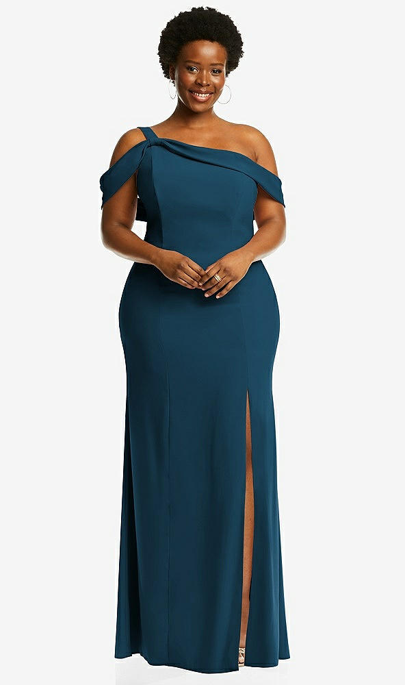 Front View - Atlantic Blue One-Shoulder Draped Cuff Maxi Dress with Front Slit