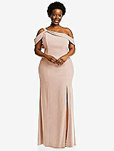 Front View Thumbnail - Cameo One-Shoulder Draped Cuff Maxi Dress with Front Slit