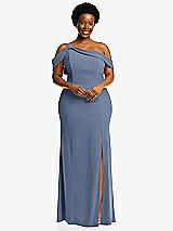 Front View Thumbnail - Larkspur Blue One-Shoulder Draped Cuff Maxi Dress with Front Slit
