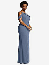 Side View Thumbnail - Larkspur Blue One-Shoulder Draped Cuff Maxi Dress with Front Slit