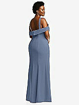 Rear View Thumbnail - Larkspur Blue One-Shoulder Draped Cuff Maxi Dress with Front Slit