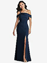 Alt View 1 Thumbnail - Midnight Navy One-Shoulder Draped Cuff Maxi Dress with Front Slit