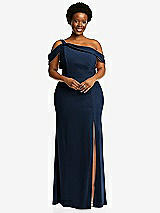 Front View Thumbnail - Midnight Navy One-Shoulder Draped Cuff Maxi Dress with Front Slit