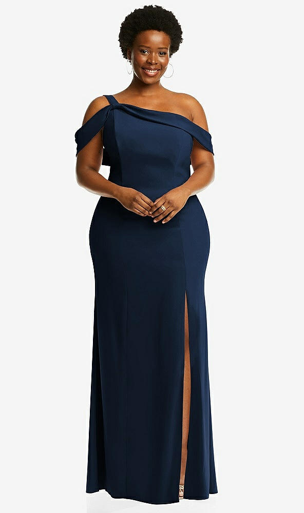 Front View - Midnight Navy One-Shoulder Draped Cuff Maxi Dress with Front Slit