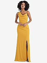 Front View Thumbnail - NYC Yellow One-Shoulder Draped Cowl-Neck Maxi Dress