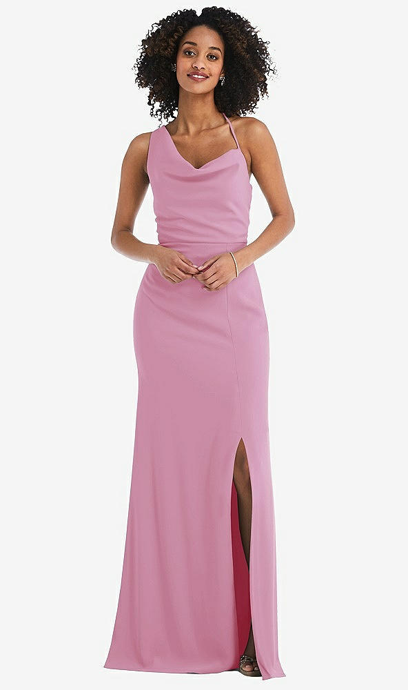 Front View - Powder Pink One-Shoulder Draped Cowl-Neck Maxi Dress