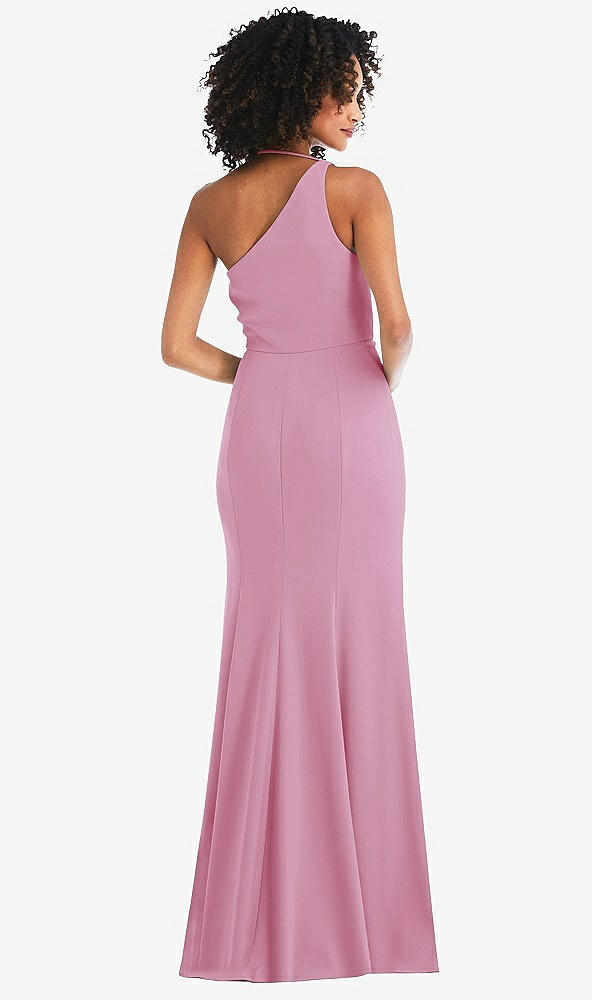 Back View - Powder Pink One-Shoulder Draped Cowl-Neck Maxi Dress