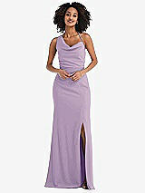 Front View Thumbnail - Pale Purple One-Shoulder Draped Cowl-Neck Maxi Dress
