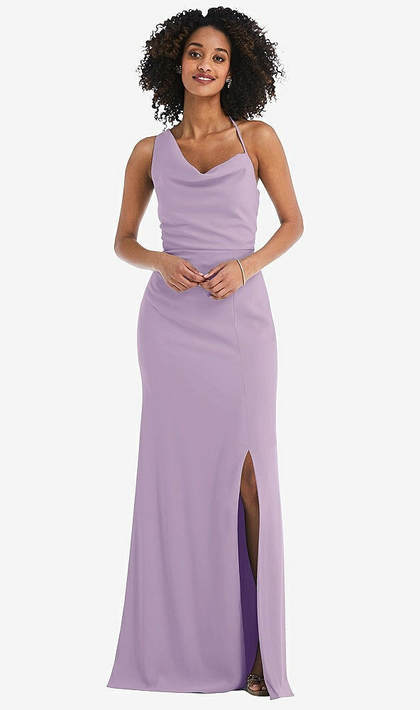 Front View - Pale Purple One-Shoulder Draped Cowl-Neck Maxi Dress