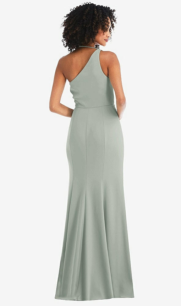 Back View - Willow Green One-Shoulder Draped Cowl-Neck Maxi Dress