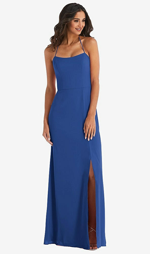 Front View - Classic Blue Spaghetti Strap Tie Halter Backless Trumpet Gown