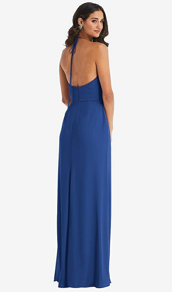 Back View - Classic Blue Spaghetti Strap Tie Halter Backless Trumpet Gown