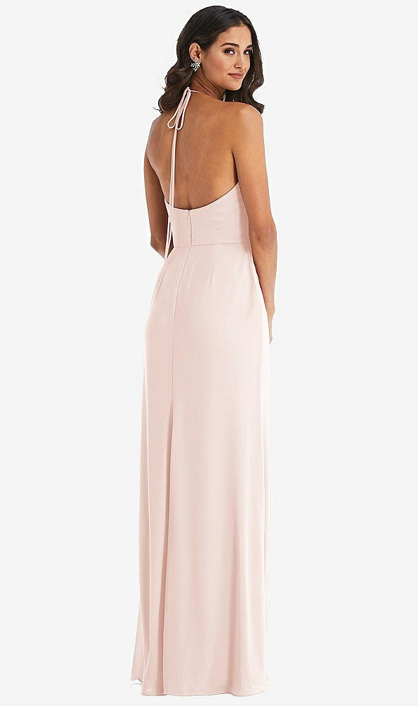 Back View - Blush Spaghetti Strap Tie Halter Backless Trumpet Gown