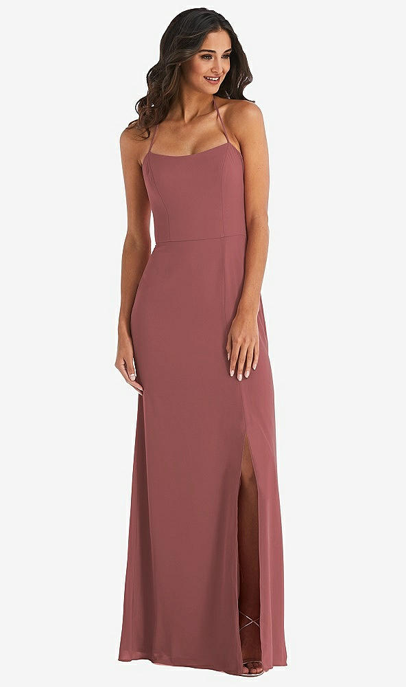 Front View - English Rose Spaghetti Strap Tie Halter Backless Trumpet Gown