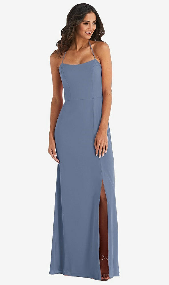 Front View - Larkspur Blue Spaghetti Strap Tie Halter Backless Trumpet Gown
