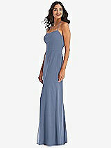 Side View Thumbnail - Larkspur Blue Spaghetti Strap Tie Halter Backless Trumpet Gown