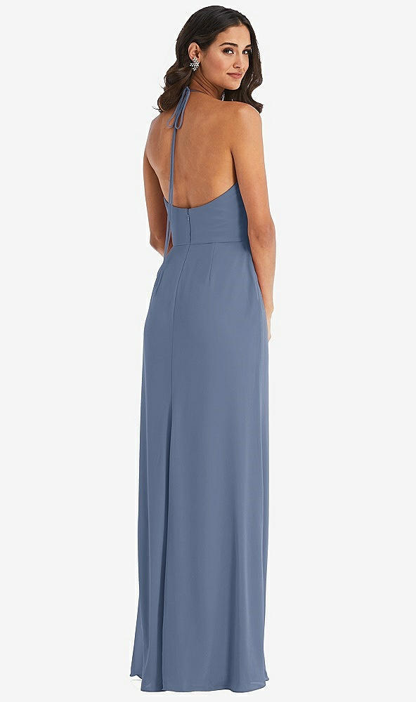 Back View - Larkspur Blue Spaghetti Strap Tie Halter Backless Trumpet Gown