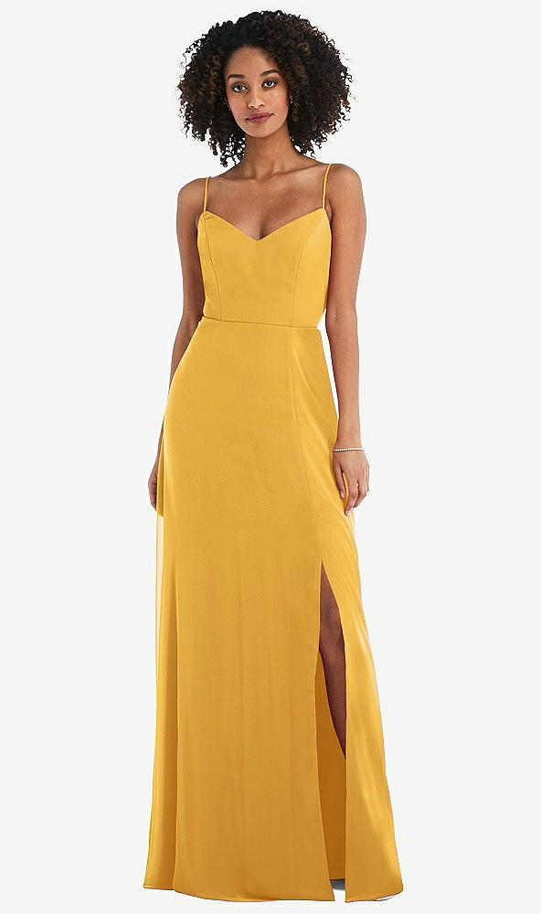 Front View - NYC Yellow Tie-Back Cutout Maxi Dress with Front Slit