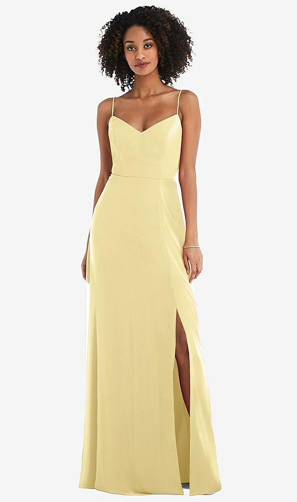 Front View - Pale Yellow Tie-Back Cutout Maxi Dress with Front Slit