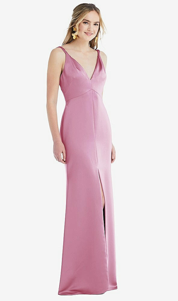 Front View - Powder Pink Twist Strap Maxi Slip Dress with Front Slit - Neve