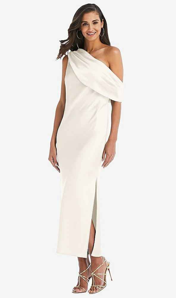 Front View - Ivory Draped One-Shoulder Convertible Midi Slip Dress