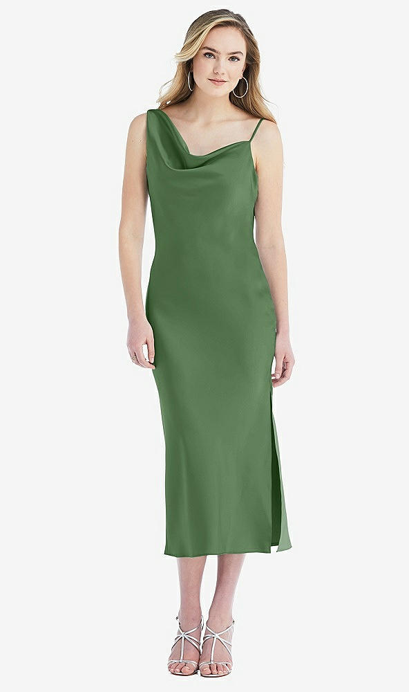 Front View - Vineyard Green Asymmetrical One-Shoulder Cowl Midi Slip Dress