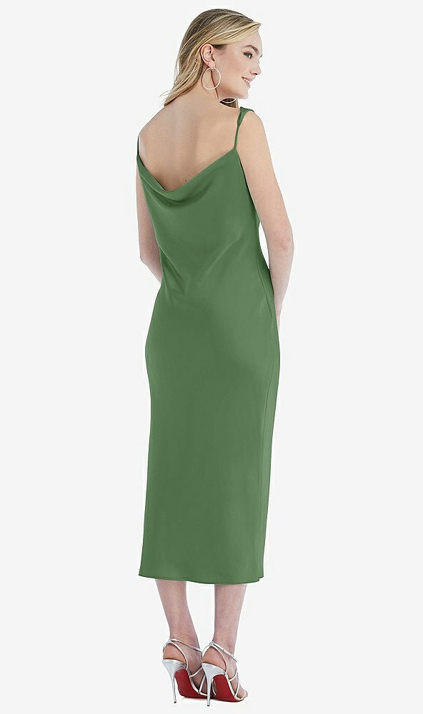 Back View - Vineyard Green Asymmetrical One-Shoulder Cowl Midi Slip Dress