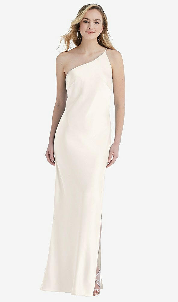 Front View - Ivory One-Shoulder Asymmetrical Maxi Slip Dress