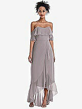 Front View Thumbnail - Cashmere Gray Off-the-Shoulder Ruffled High Low Maxi Dress